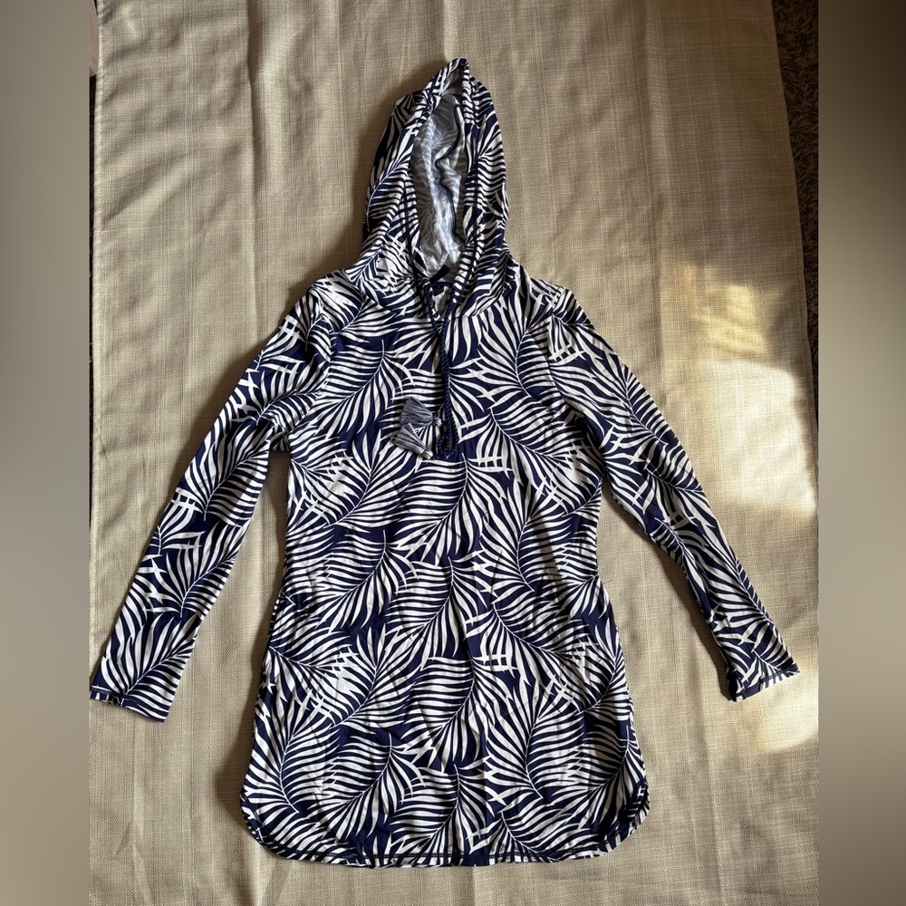 Aqua Et Sol Tunic Swim Cover Up Small Blue White Print Hooded UPF 50+ Beach